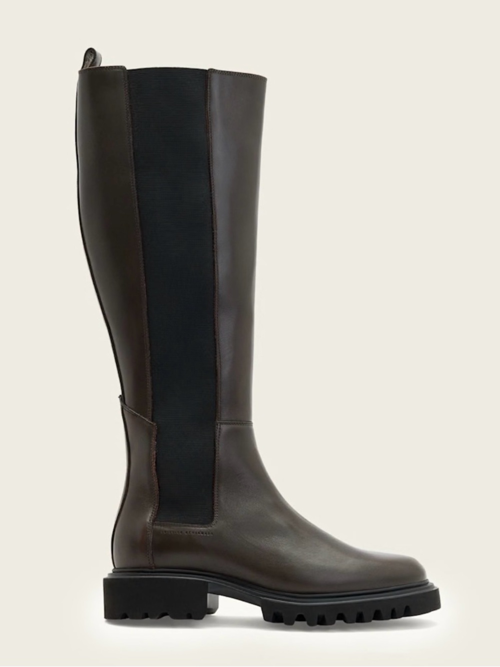 Never Worn AllSaints Brown Leather Knee Boots with Black Elastic Panel